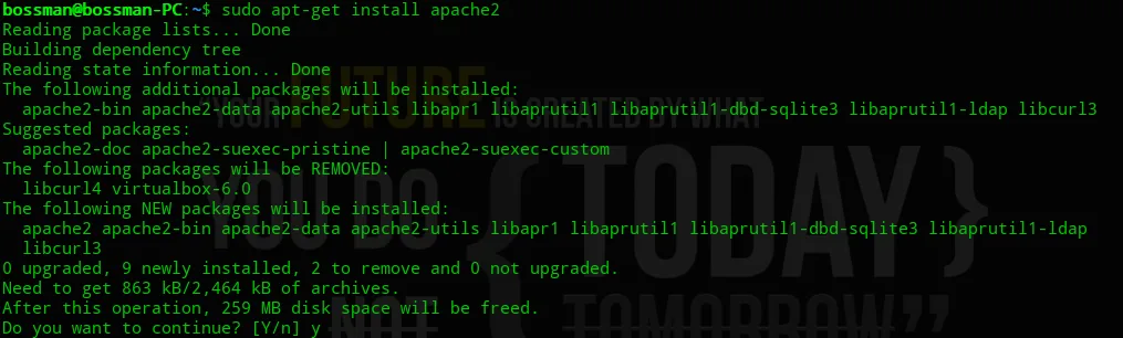 Terminal output of installing apache2